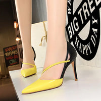 Women 9.5cm High Heels Sandals Nightclub Stripper Heels Sexy Patchwork Party Ankle Strap 2 tone Shoes