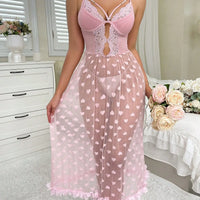 Pearl Chain Decoration, Heart Shape, Lace Sexy Pajama Night Dress Long Dress