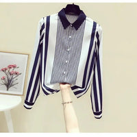 Office Lady Turn-down Collar Straight Loose Button Dress Shirts Blue Striped Long Sleeve Blouses Spring Thin Women's Clothing