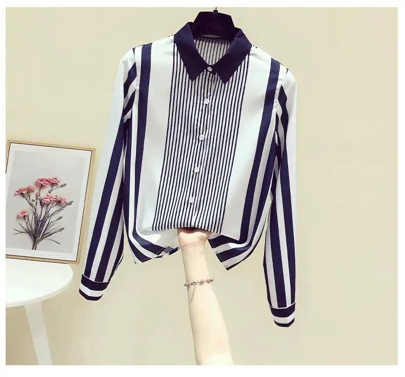 Office Lady Turn-down Collar Straight Loose Button Dress Shirts Blue Striped Long Sleeve Blouses Spring Thin Women's Clothing