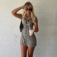 Women's Casual Plaid Contrast Color Turn-Down Collar Dress Commuter Style Short Sleeves Single Breasted Women's Casual Dresses Natalia Home Fashion    Natalia Home Fashion