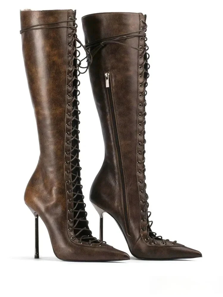 High Quality Lace up Cool Boots Sexy Nightclub Slim High Heel Show Shoes Zipper Boots - Natalia Home Fashion