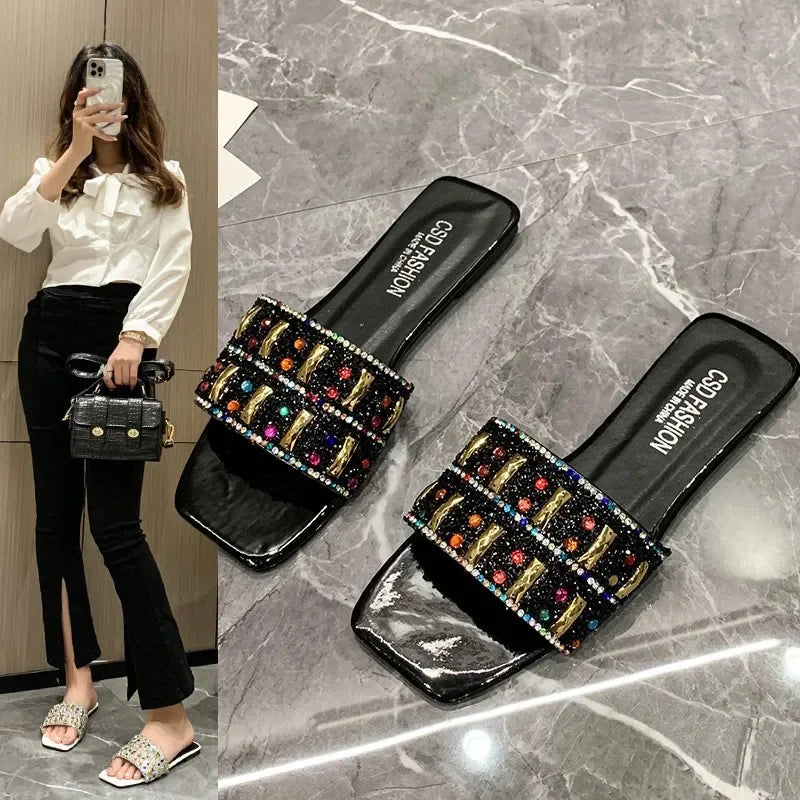 Slippers for Women Shiny Rhinestone Sandals Women Outdoor Beach Casual Shoes Sexy Fashion Flats