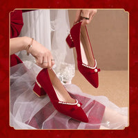 Women's Chunky Heel Pointed Toe Slip-On Shoes Wedding Dress Two-Way Wear Pearl Red Bridal Shoes Spring Autumn New Style
