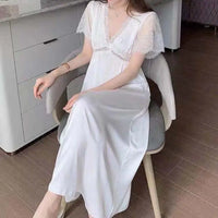 Satin Night Dress Women Sleepwear With Bras Long Lace Nightgown Short Sleeve Sleep dress Loose Intimate Lingerie Nightwear