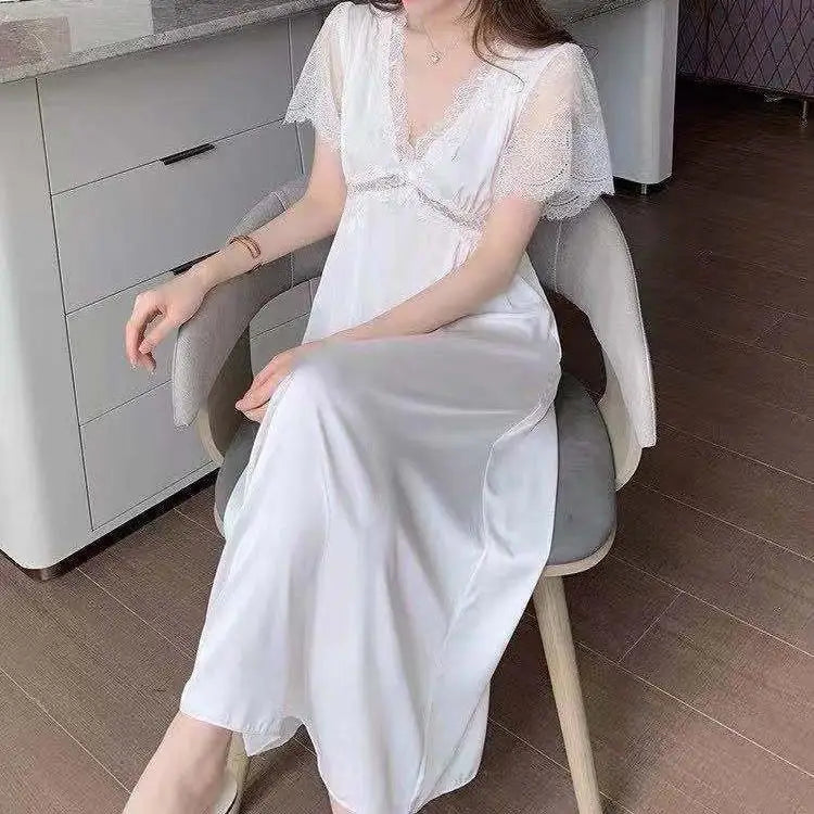 Satin Night Dress Women Sleepwear With Bras Long Lace Nightgown Short Sleeve Sleep dress Loose Intimate Lingerie Nightwear