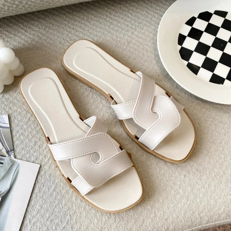 Women's Flat Beach Slippers Cross Band Fashionable Outdoor Wear PVC Home Slippers Macaron Color Sandals Comfortable - Natalia Home Fashion