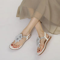 Womens Bohemian Floral Rhinestone Sandals Elegant Crystal Flower Décor Elastic Ankle Strap Soft Cushioned Insole Non Slip Sole
