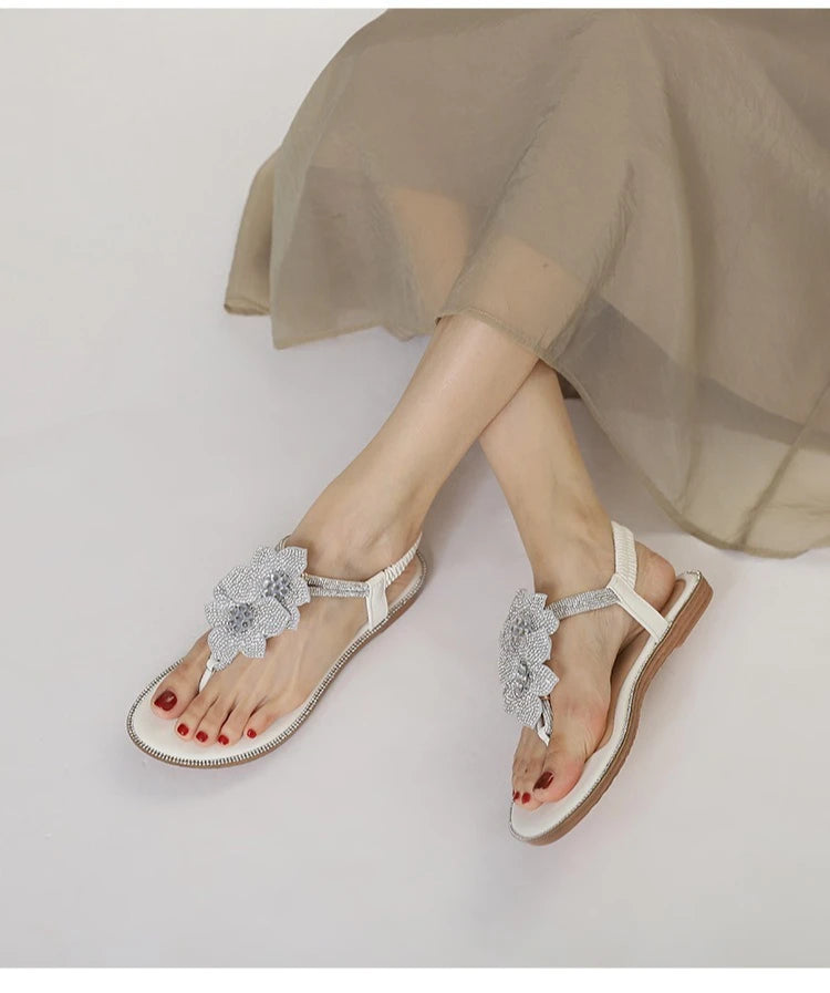 Womens Bohemian Floral Rhinestone Sandals Elegant Crystal Flower Décor Elastic Ankle Strap Soft Cushioned Insole Non Slip Sole