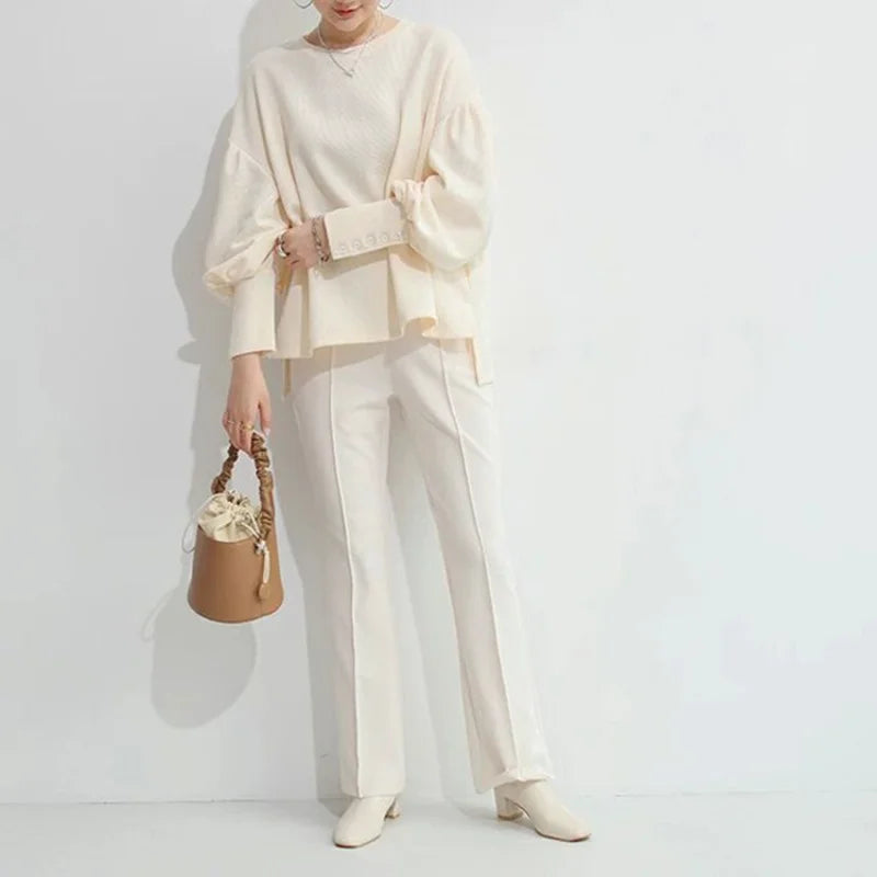 Long-sleeved T-shirt Versatile Outer Casual Top Women's Simple Lantern Sleeves Solid Color Loose Round Neck Women's shirt