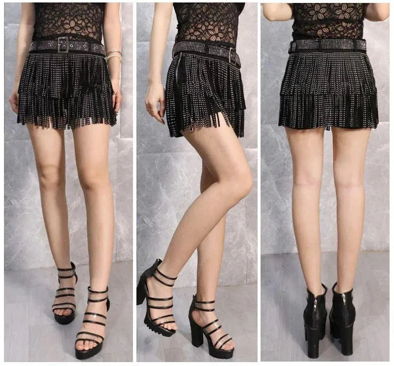 Tassel Short Shorts Women's Diamond Embellished Mid-Waist Dance Denim Hot Pants Outerwear Fashionable Korean Style Sexy
