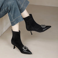 Fashionable Slim Fit Diamond Decorated Pointed Toe High Heel Bootie Mid-Calf Zipper Closure Leather Boot for Women