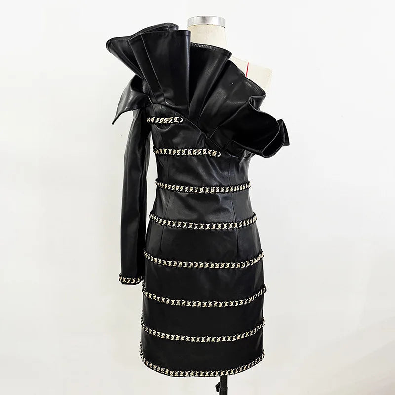 Elegant Socialite Fashion New Heavy Chain Three-Dimensional Ruffle Off-Shoulder Leather Dress Sexy Mini Dress