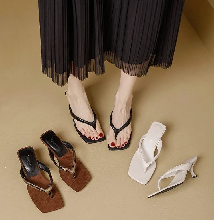Formal Flip Flops Woman High Heels Cool Slippers Women's Summer New Retro Leopard Print Toe Square Heel Slippers Women Outside