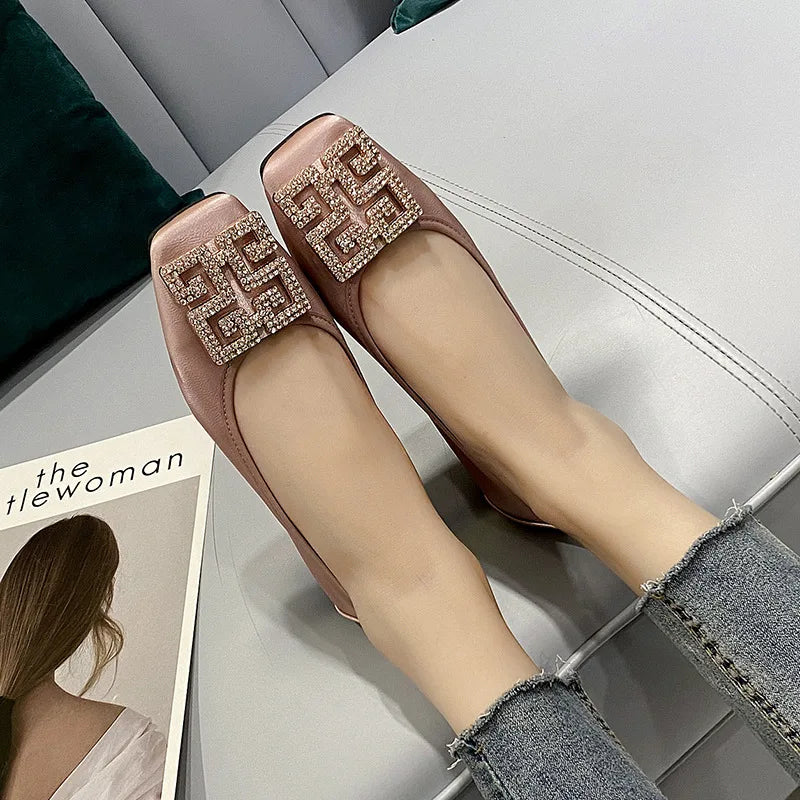 Rhinestones Buckle Flats Ballet Shoes Women Slip on Shallow Mouth Moccasins Elegant Women's Loafers Party Leather Ballerina
