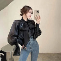 Style Shirt Female Bow Tie Collar Retro Bubble Long-Sleeved Elegant Blouse Women translucent