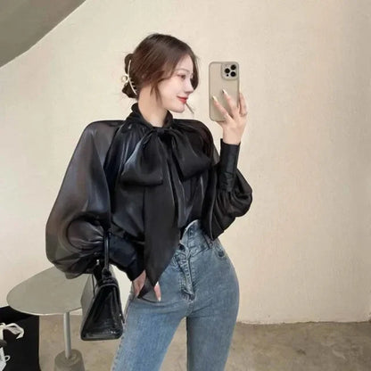 Style Shirt Female Bow Tie Collar Retro Bubble Long-Sleeved Elegant Blouse Women translucent Natalia Home Fashion    Natalia Home Fashion