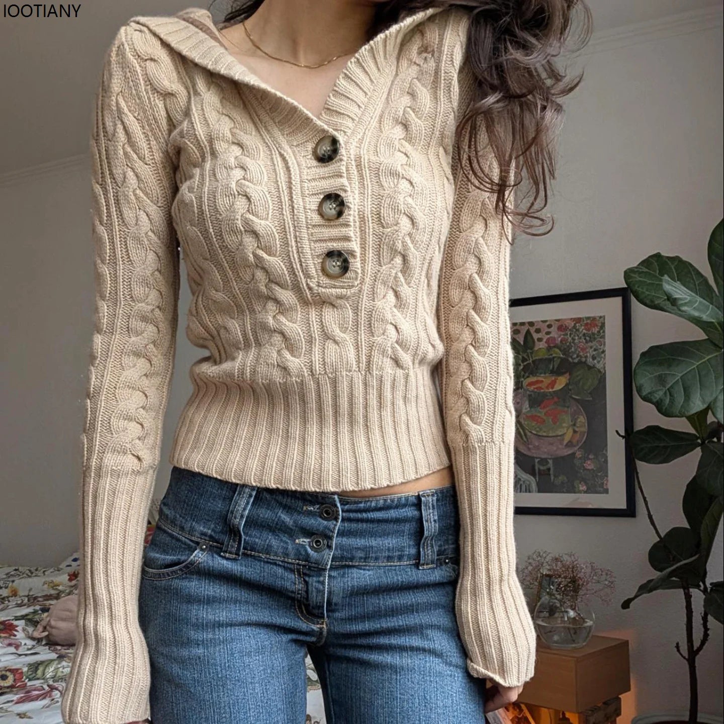 Casual And Relaxed Three-button Hooded Jumper For Women Thickened Knit Cable-knit Vintage Waist-cinching Cardigan