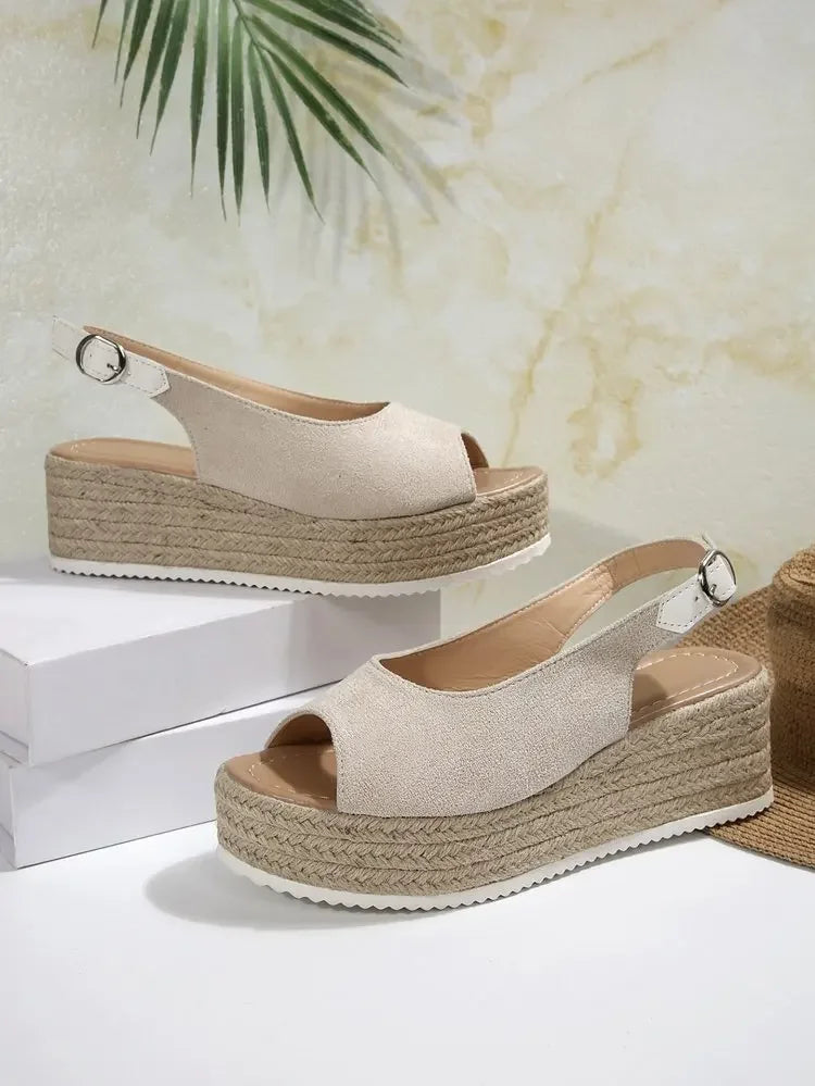 Women's Platform Sandals Summer New Large Size Fish Mouth Slope Heel Stones Pattern Shoes Thick Bottom Clog Casual Slip-On