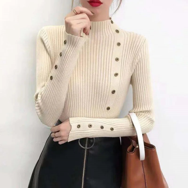 Half High Neck Sweater Women's New Style Pullover Knit Sweater with Button Up Long Sleeves Slim Fit Tight Fitting Bottom Shirt