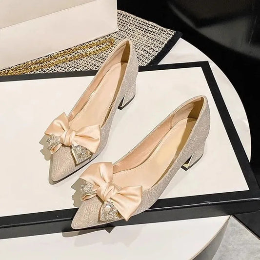 French Style Single Shoes Women's Thick Heel Butterfly Knot Pointed Toe High Heels New Bride Shoes Elegant Personality Natalia Home Fashion    Natalia Home Fashion