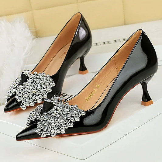 Kitten heels rhinestone bowknot design Women Pumps Stiletto 5.5 cm Heels Ladies shoes patent leather High Heels