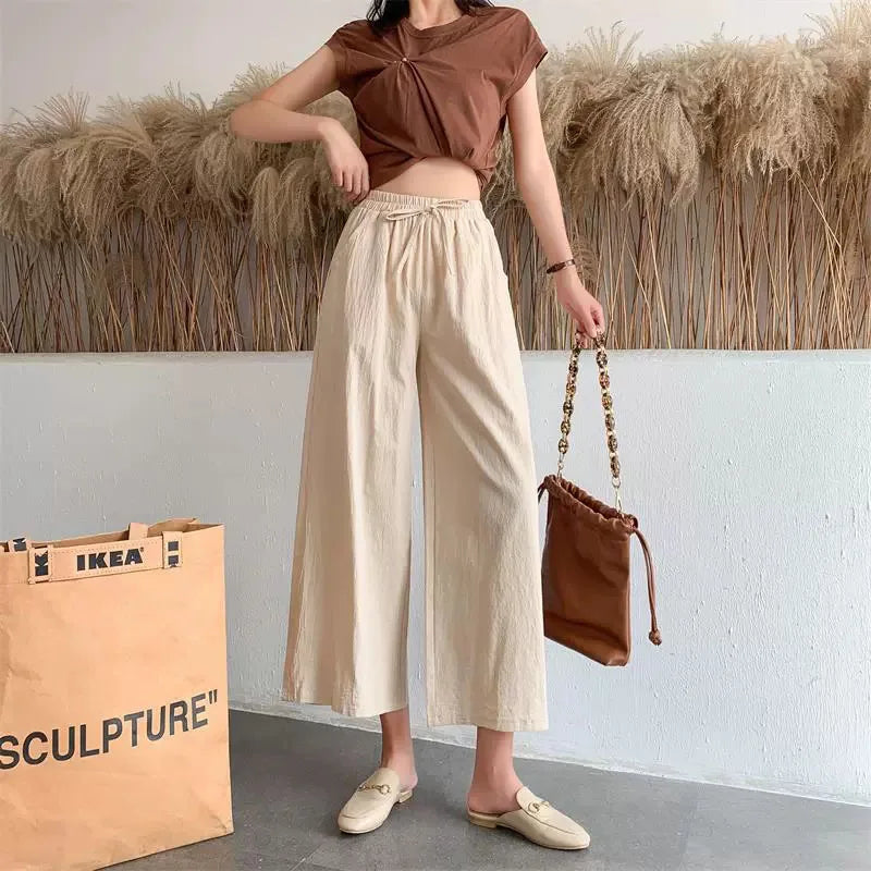 Casual Baggy Wide Leg Trousers Women Summer Thin Comfy Breathable Ankle Length Pants Vintage Loose Cotton Linen Straight Pants