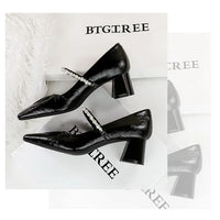 Heels Women Fashion CRYSTAL Pearl Pumps Square Toe Stripper Elegant Party Square Heel Ladies Shoes