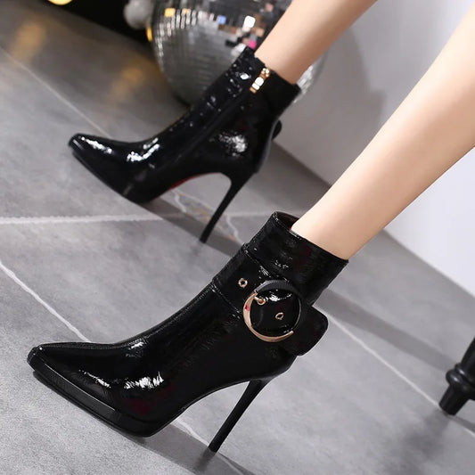 Women Ankle Boots Runway Style Sexy Belt Buckle Side Zip High Heels Patent Leather Party Dress Ladies Shoes