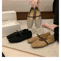 Round Toe Mary Jane Shoes Leather Grape Pattern Retro Style Hollow Weave Upper Low Heel Slip-On Retro Flats