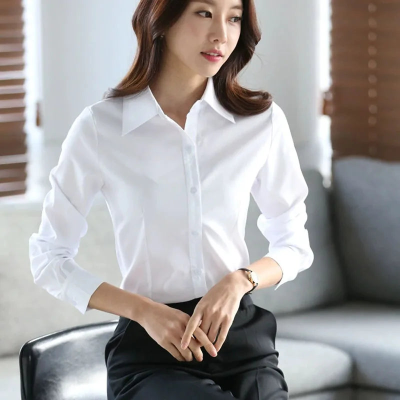 2025 New Women's White Striped Blouse Korean Slim Long Sleeve Printted Turn Down Collar Shirts Single-breasted Office Lady Shirt