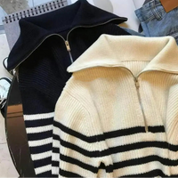 Autumn Winter Ladies Striped Knit Sweater Half Zipper Wide Lapel Collar Loose Long Sleeve Pullover For Casual Daily Going Out Natalia Home Fashion    Natalia Home Fashion