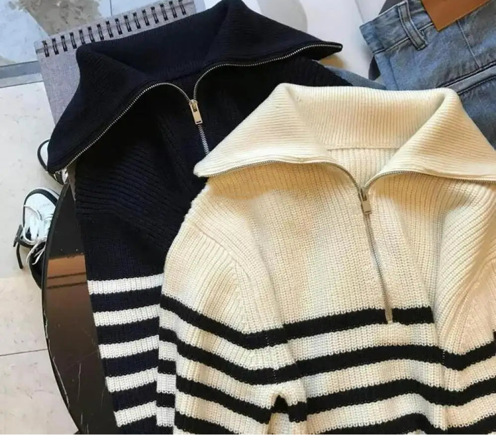 Autumn Winter Ladies Striped Knit Sweater Half Zipper Wide Lapel Collar Loose Long Sleeve Pullover For Casual Daily Going Out Natalia Home Fashion    Natalia Home Fashion