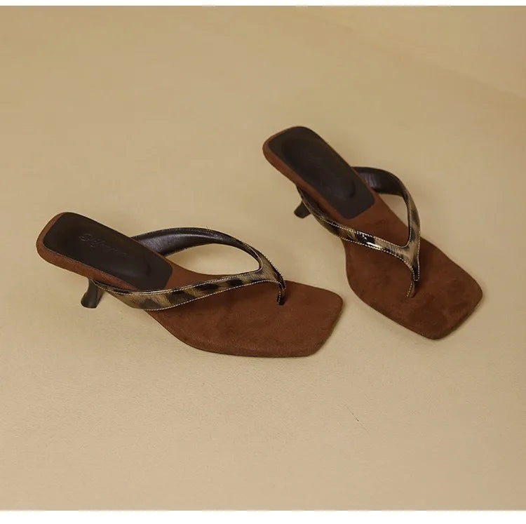 Formal Flip Flops Woman High Heels Cool Slippers Women's Summer New Retro Leopard Print Toe Square Heel Slippers Women Outside