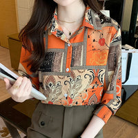 Slim Floral Long-sleeved Shirt Loose Printed Top for Women