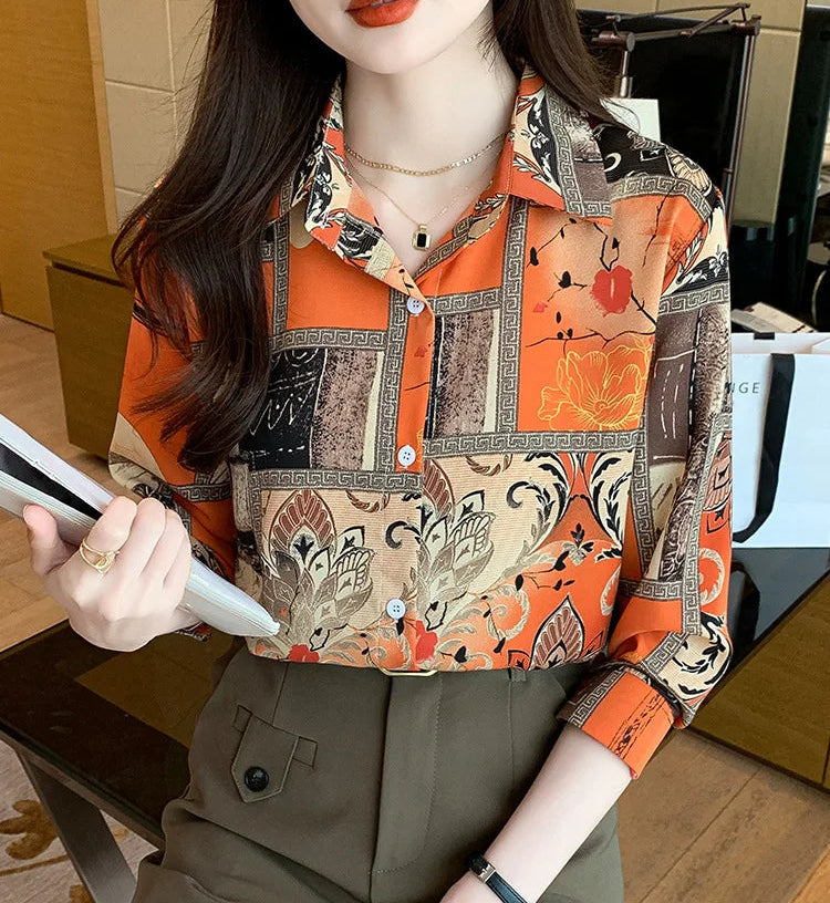 Slim Floral Long-sleeved Shirt Loose Printed Top for Women