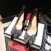 Black high-heeled shoes for women slim heel, pointed rhinestone, shallow bow, mid length single order shoes