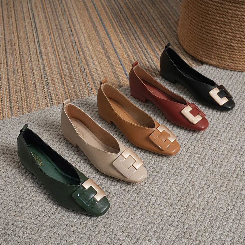 Woman Square Toe Low Heeled Metal Decoration Red Mary Janes Cute Casual Ballerina Female Flats Elegant Soft Soled Flat Shoes