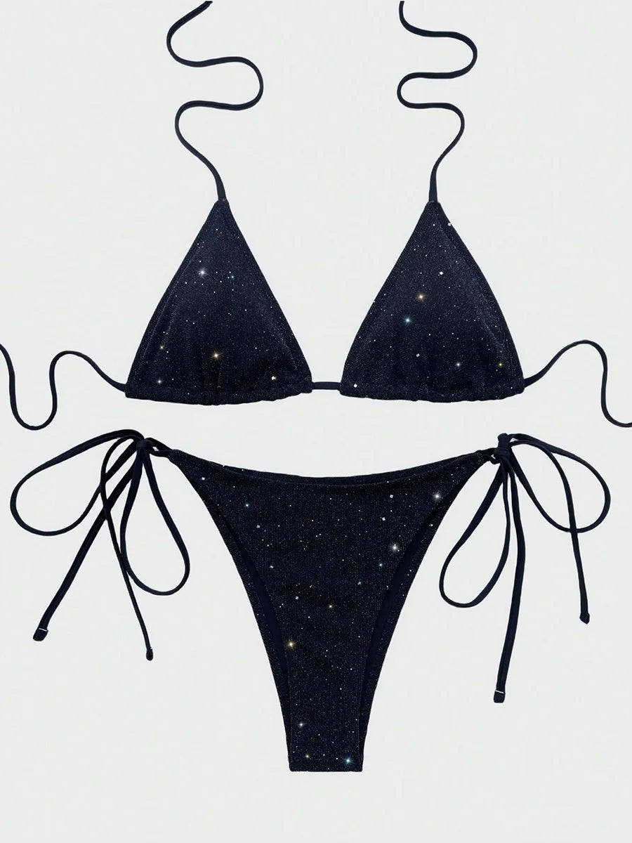 Shiny Sparkling Halter Strappy Bikini High Cut Bikinis Female Swimsuit Women Swimwear Two-pieces Bikini Set Bathing Suit