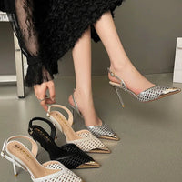 Elegant Hollow Out Woven Stiletto Sandals Women Pointed Toe Metal Straps High Heels