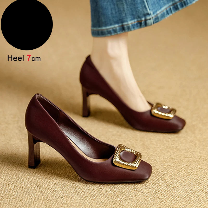 Basic Shallow Square Toe Women Pumps High Quality PU Leather Matte Thick Heel Office Shoes Woman Maroon 7CM High Heels