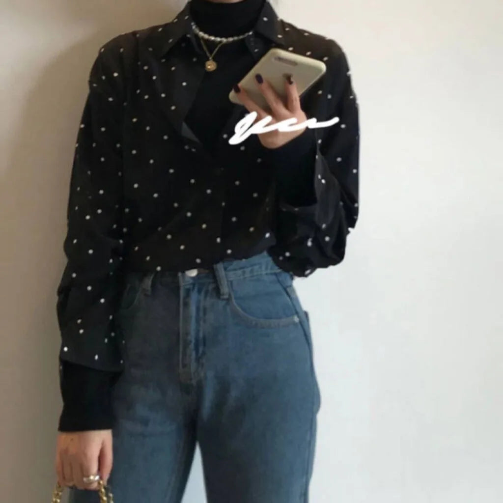 Chic Polka Dot Long Sleeve Shirt Women's Turn-down Collar French Style Simple Design Spring Summer New Arrival