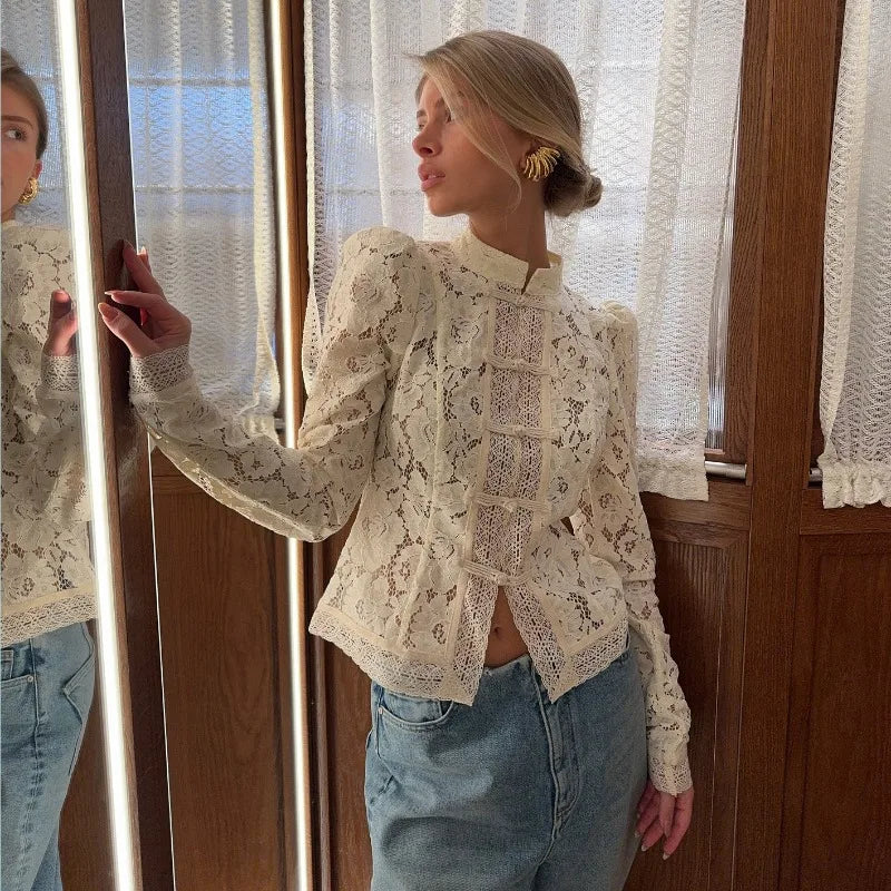 Women's 2026 Vintage White Blouse, Elegant Embroidery Puff Sleeve Hollow Out Lace Stand Collar Casual Summer Top Natalia Home Fashion    Natalia Home Fashion