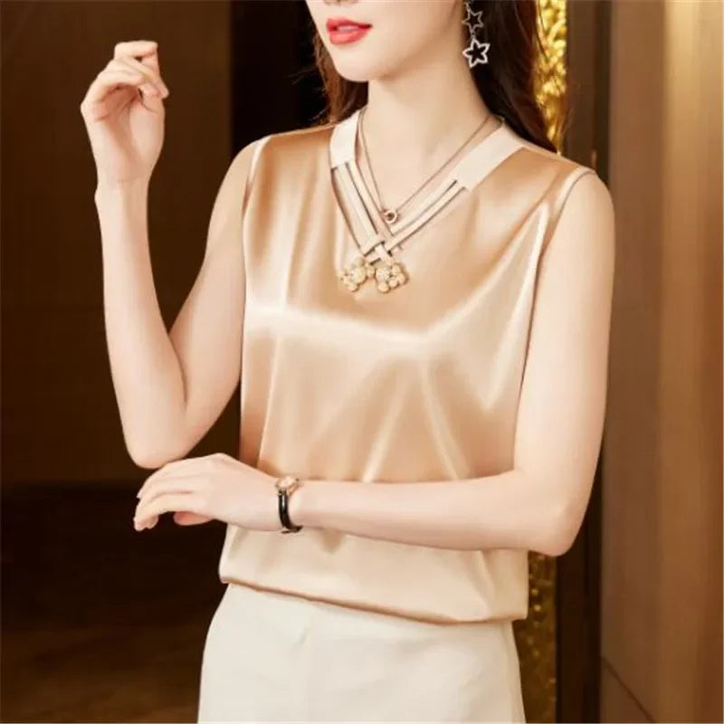 Elegant V Neck Solid Beaded Shirt Fashion Sleeveless Satin Blouse for Woman Loose Casual Silk Top Blouse