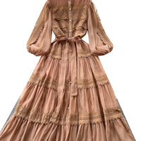 Elegant Hollow Out Organza Long Maxi Dresses Shirt Women  Layer Ruffle Full Sleeve Pearl Evening Party Dress