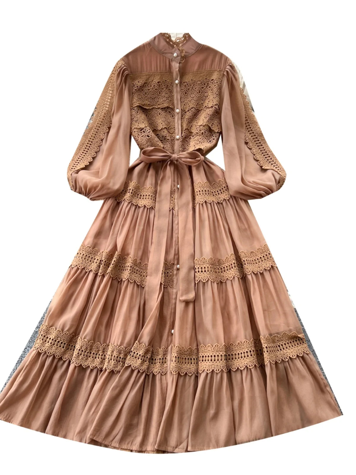 Elegant Hollow Out Organza Long Maxi Dresses Shirt Women  Layer Ruffle Full Sleeve Pearl Evening Party Dress