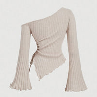 Fashion Slant Shoulder Street Personalized Style Spicy Girl Irregular Tie Rope Long Sleeve Slimming T-shirt Women's Wear