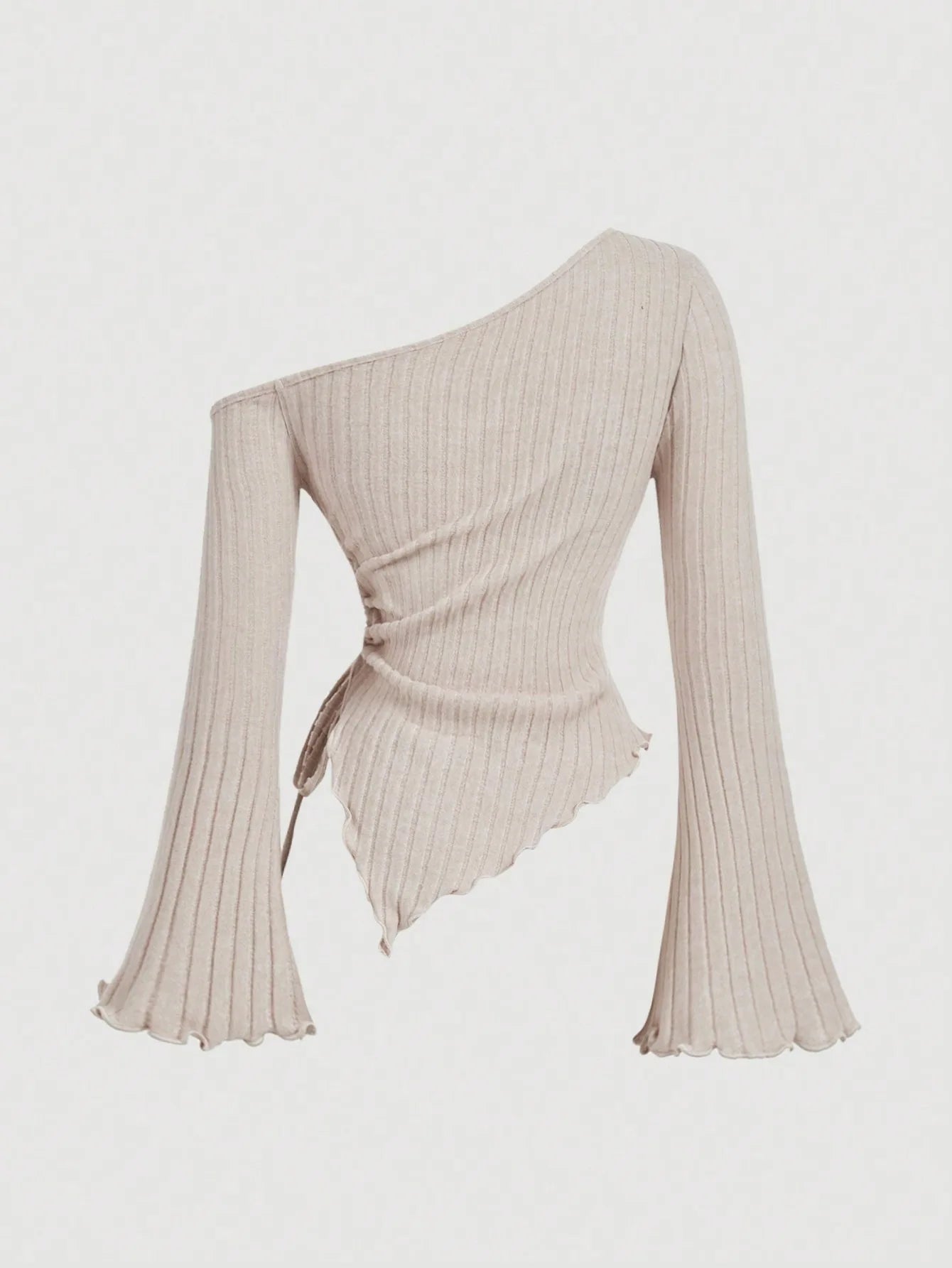 Fashion Slant Shoulder Street Personalized Style Spicy Girl Irregular Tie Rope Long Sleeve Slimming T-shirt Women's Wear