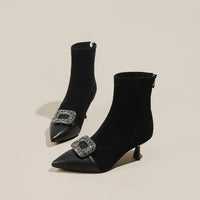Fashionable Slim Fit Diamond Decorated Pointed Toe High Heel Bootie Mid-Calf Zipper Closure Leather Boot for Women