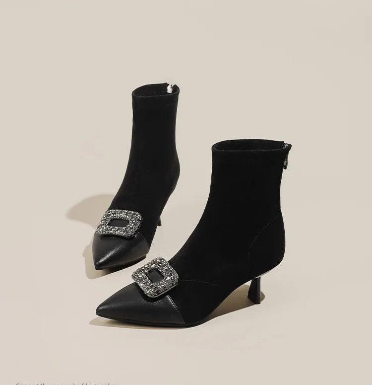 Fashionable Slim Fit Diamond Decorated Pointed Toe High Heel Bootie Mid-Calf Zipper Closure Leather Boot for Women